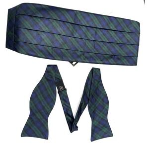 Ferrell Reed For Nordstrom Cummerbund & Tie Mens Green Navy Plaid Wedding Party